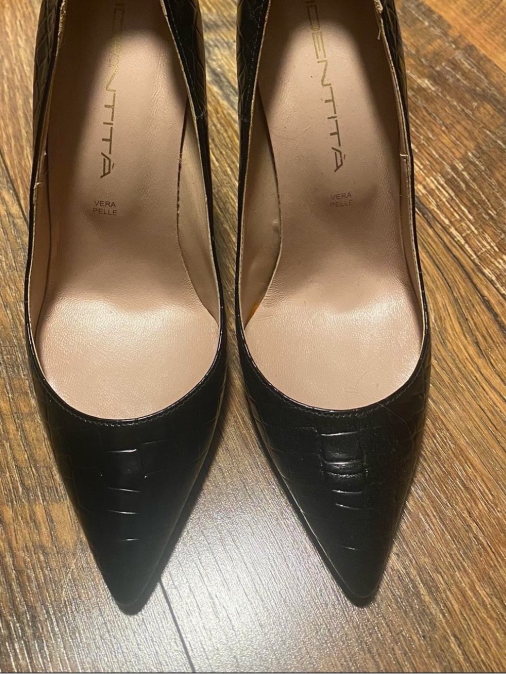 Pointed Croc-Embossed Black Pumps by